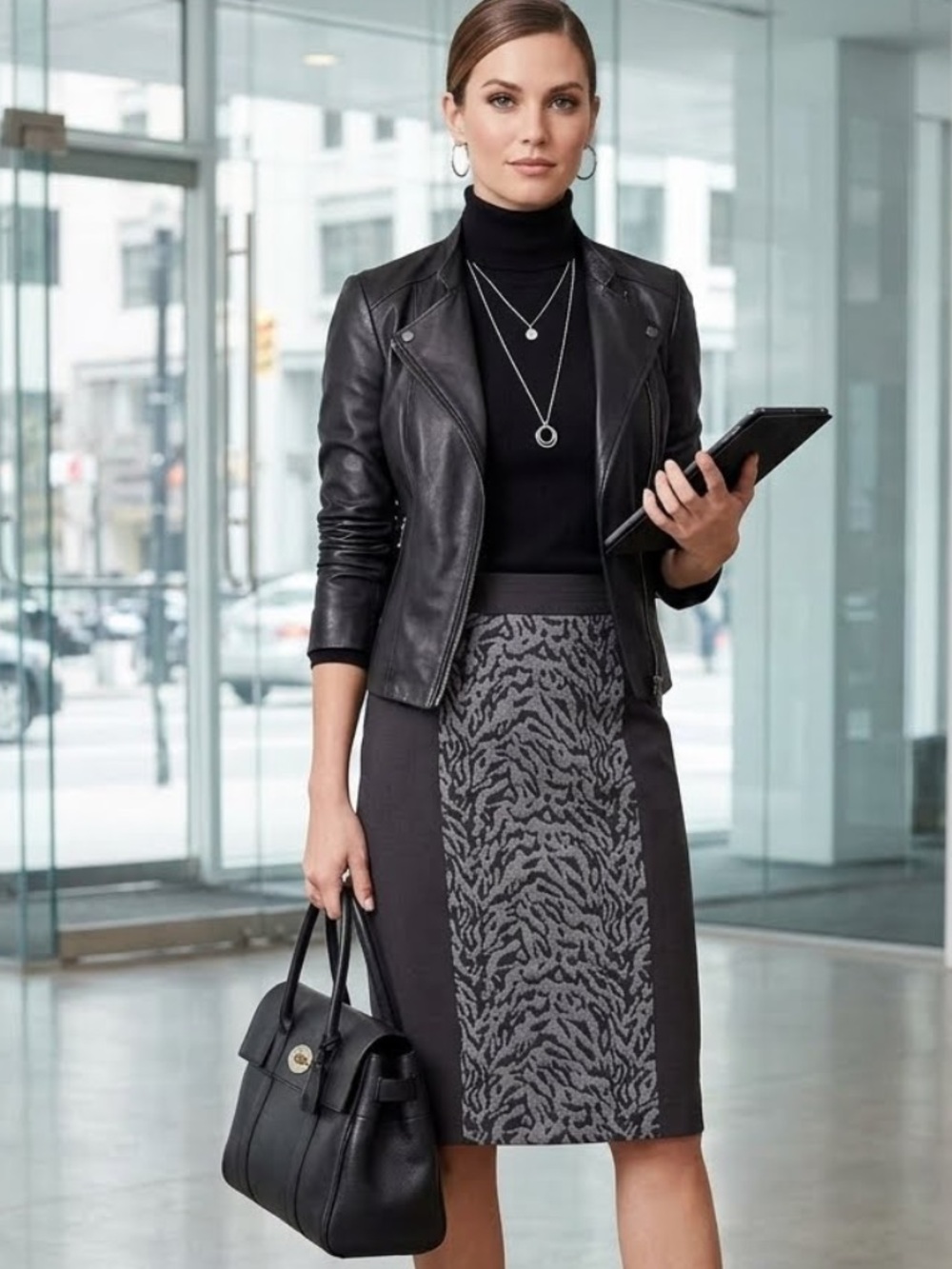 Adrienne Vittadini Black/Grey Leopard Print Panel Stretch Pencil Skirt Office S